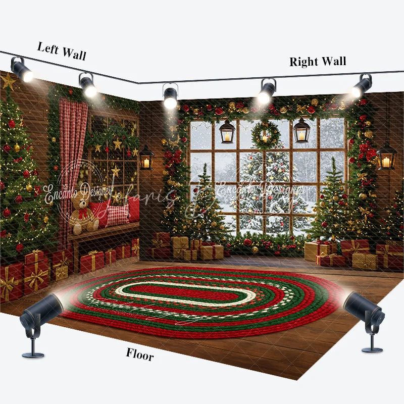 Lofaris Cozy Christmas Cabin Room Set Backdrop Rustic Window Scene with Teddy Bears Holiday Photo Studio Rug Floor