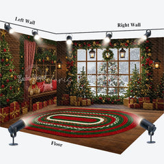 Lofaris Cozy Christmas Cabin Room Set Backdrop Rustic Window Scene with Teddy Bears Holiday Photo Studio Rug Floor
