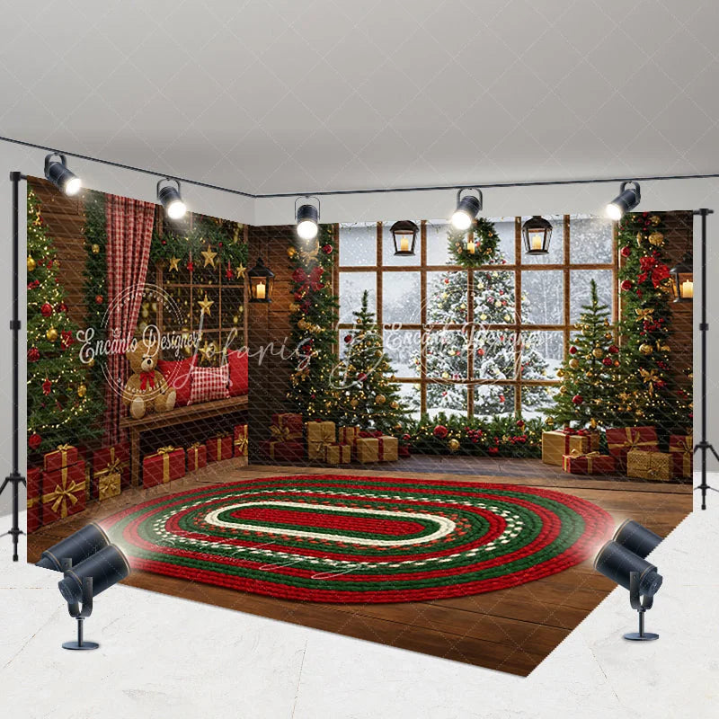 Lofaris Cozy Christmas Cabin Room Set Backdrop Rustic Window Scene with Teddy Bears Holiday Photo Studio Rug Floor