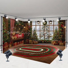 Lofaris Cozy Christmas Cabin Room Set Backdrop Rustic Window Scene with Teddy Bears Holiday Photo Studio Rug Floor