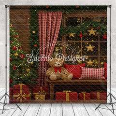 Lofaris Cozy Christmas Cabin Room Set Backdrop Rustic Window Scene with Teddy Bears Holiday Photo Studio Rug Floor