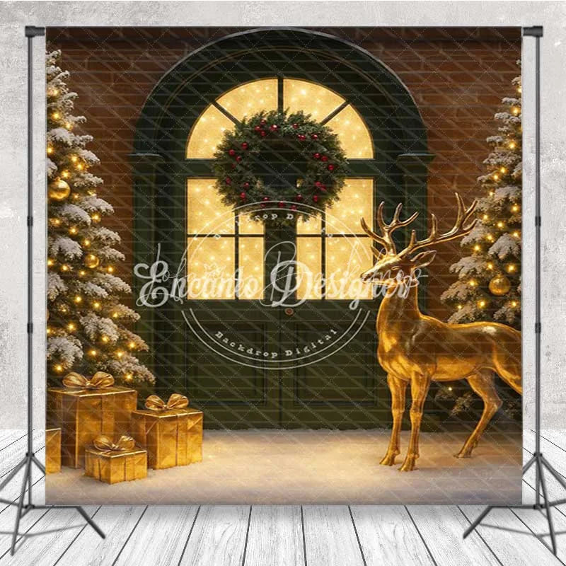Lofaris Cozy Christmas Cabin Room Set Backdrop Snowy Window with Teddy Bears and Rustic Door Holiday Photo Studio