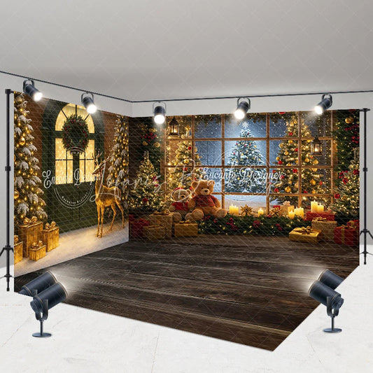 Lofaris Cozy Christmas Cabin Room Set Backdrop Snowy Window with Teddy Bears and Rustic Door Holiday Photo Studio