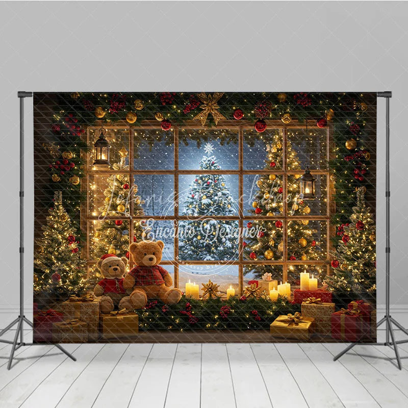Lofaris Cozy Christmas Cabin Room Set Backdrop Snowy Window with Teddy Bears and Rustic Door Holiday Photo Studio