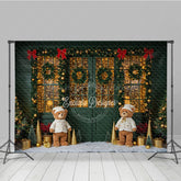 Lofaris Cozy Christmas Door Photography Backdrop Green with Teddy Bears and Snow Holiday Fairy Lights Background
