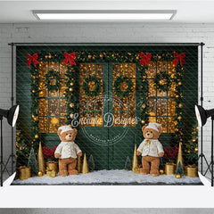 Lofaris Cozy Christmas Door Photography Backdrop Green with Teddy Bears and Snow Holiday Fairy Lights Background