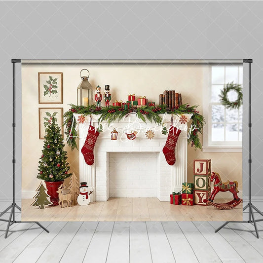 Lofaris Cozy Christmas Fireplace Holiday Backdrop Festive Stockings and Decorated Tree Winter Celebration Decor
