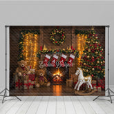 Lofaris Cozy Christmas Fireplace Photography Backdrop Rustic Mantle with Stockings Traditional Holiday Photo Background