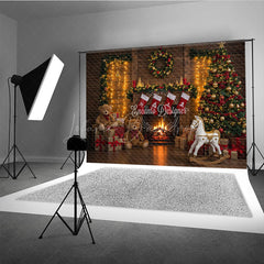 Lofaris Cozy Christmas Fireplace Photography Backdrop Rustic Mantle with Stockings Traditional Holiday Photo Background