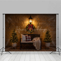 Lofaris Cozy Christmas Front Porch Photography Backdrop Stone Wall with Bench and Wreath Holiday Mini Session Background