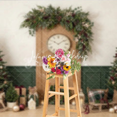Lofaris Cozy Christmas Holiday Backdrop with Decorated Trees Festive Garland Clock and Gifts for Winter Celebrations