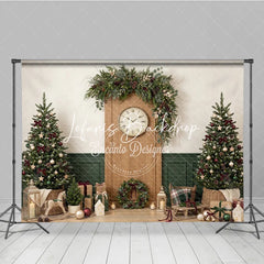 Lofaris Cozy Christmas Holiday Backdrop with Decorated Trees Festive Garland Clock and Gifts for Winter Celebrations