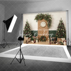 Lofaris Cozy Christmas Holiday Backdrop with Decorated Trees Festive Garland Clock and Gifts for Winter Celebrations