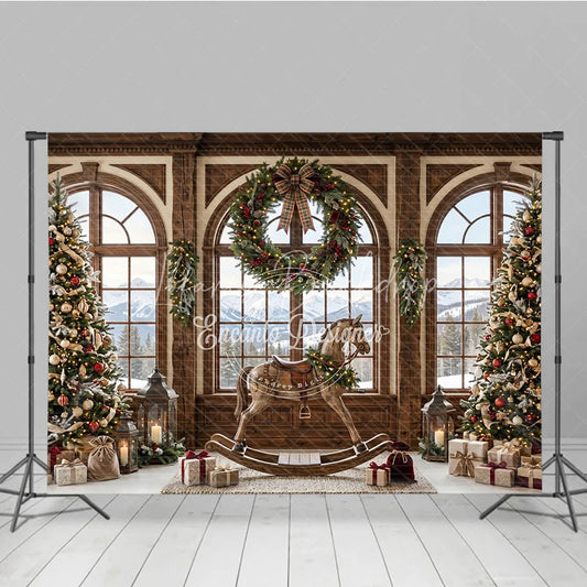 Lofaris Cozy Christmas Holiday Backdrop with Decorated Trees Rocking Horse and Snowy Mountain View