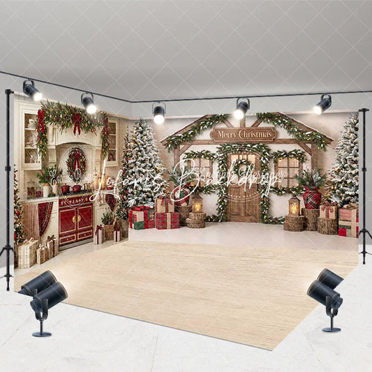 Lofaris Cozy Christmas Kitchen and Wooden House Room Set Backdrop Festive Holiday Photo Studio Decor
