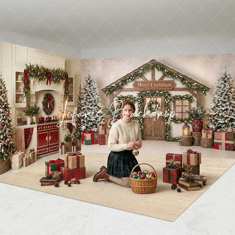 Lofaris Cozy Christmas Kitchen and Wooden House Room Set Backdrop Festive Holiday Photo Studio Decor