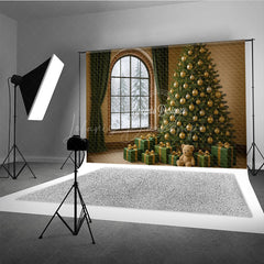 Lofaris Cozy Christmas Room Photography Backdrop Snowy Window with Green and Gold Tree Elegant Holiday Photo Background