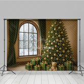 Lofaris Cozy Christmas Room Photography Backdrop Snowy Window with Green and Gold Tree Elegant Holiday Photo Background
