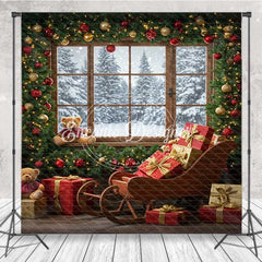 Lofaris Cozy Christmas Room Set Backdrop with Snowy Window Teddy Bears Sleigh and Wood Floor Holiday Photo Studio