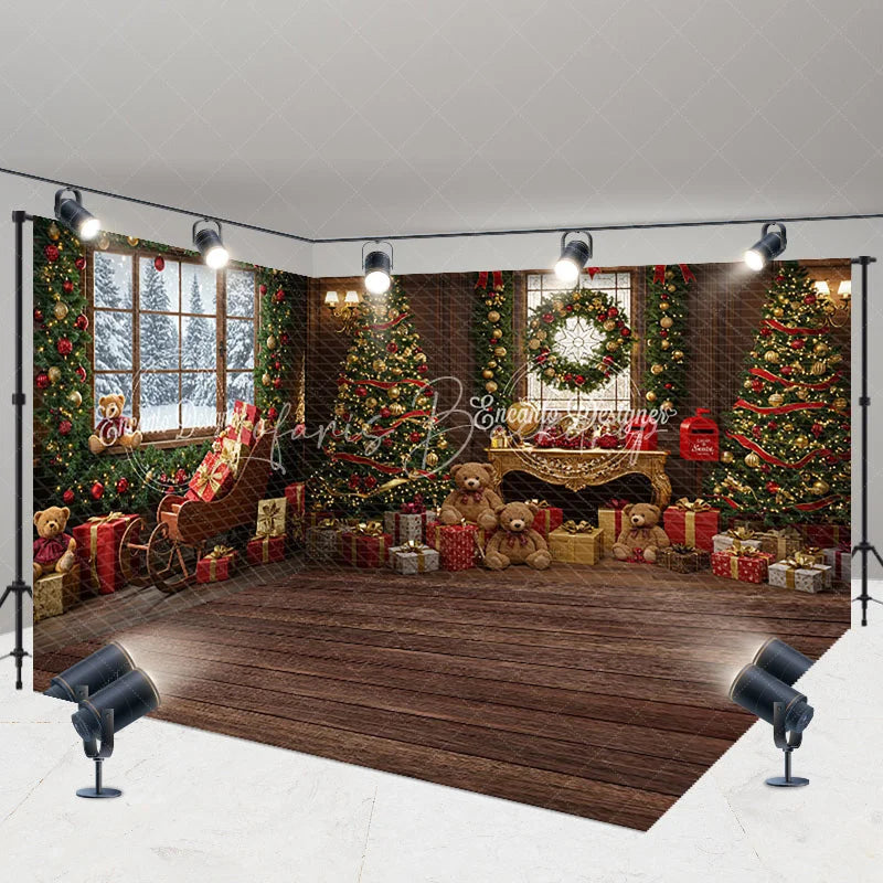 Lofaris Cozy Christmas Room Set Backdrop with Snowy Window Teddy Bears Sleigh and Wood Floor Holiday Photo Studio