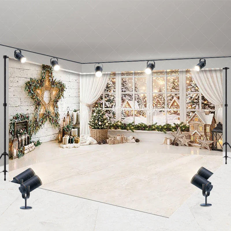 Lofaris Cozy Christmas Snowy Winter Village Room Set Backdrop with Festive Tree Star Wreath Wood Wall for Holiday Decor