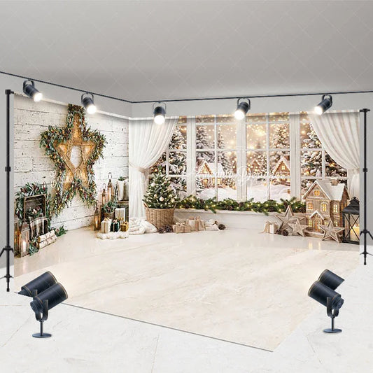 Lofaris Cozy Christmas Snowy Winter Village Room Set Backdrop with Festive Tree Star Wreath Wood Wall for Holiday Decor