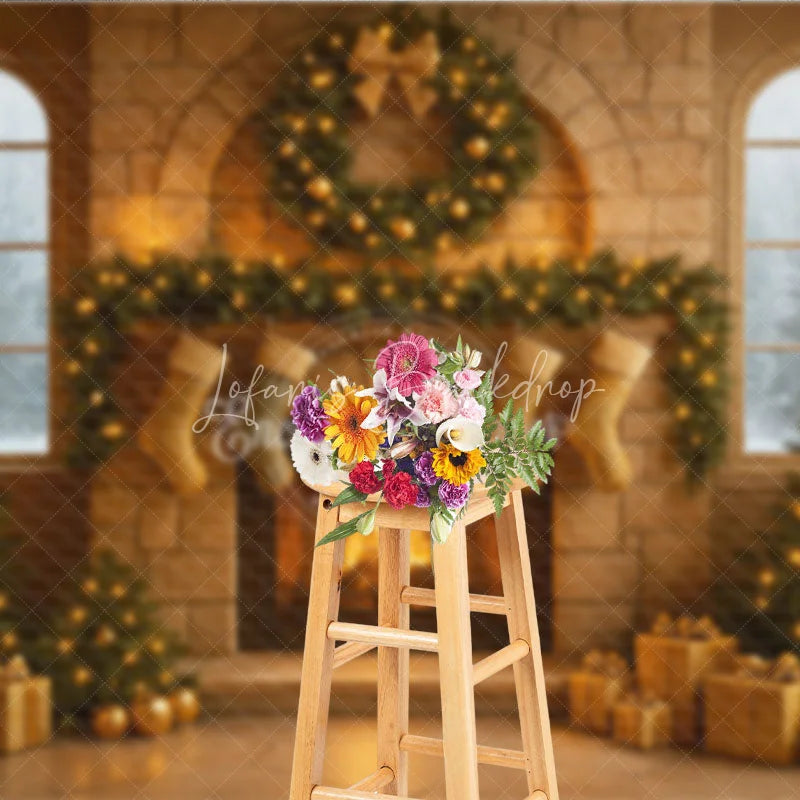 Lofaris Cozy Christmas Stone Fireplace Photography Backdrop Stockings and Trees Snowy Window Holiday Background