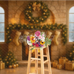 Lofaris Cozy Christmas Stone Fireplace Photography Backdrop Stockings and Trees Snowy Window Holiday Background
