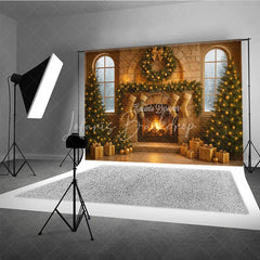 Lofaris Cozy Christmas Stone Fireplace Photography Backdrop Stockings and Trees Snowy Window Holiday Background