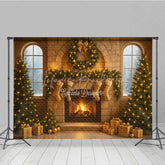 Lofaris Cozy Christmas Stone Fireplace Photography Backdrop Stockings and Trees Snowy Window Holiday Background