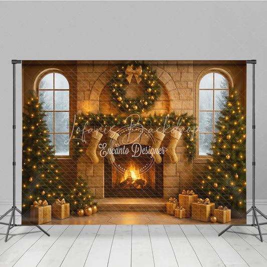 Lofaris Cozy Christmas Stone Fireplace Photography Backdrop Stockings and Trees Snowy Window Holiday Background
