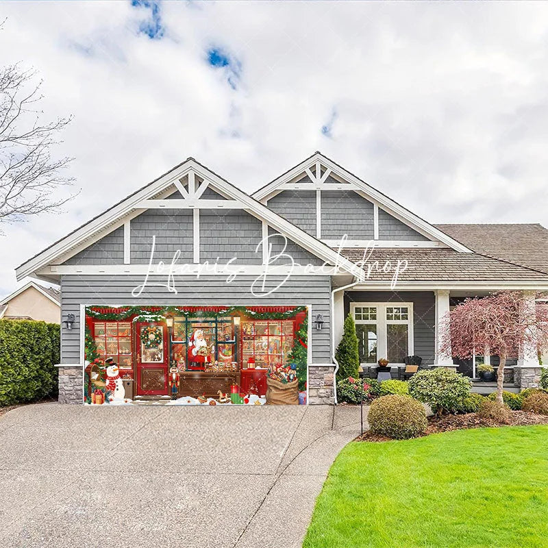 Lofaris Cozy Christmas Toy Shop with Santa Snowman and Gifts Garage Door Banner Festive Winter Holiday Decor