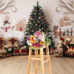 Lofaris Cozy Christmas Tree and Gingerbread House Photography Backdrop with Snowman Fireplace Winter Holiday Decor