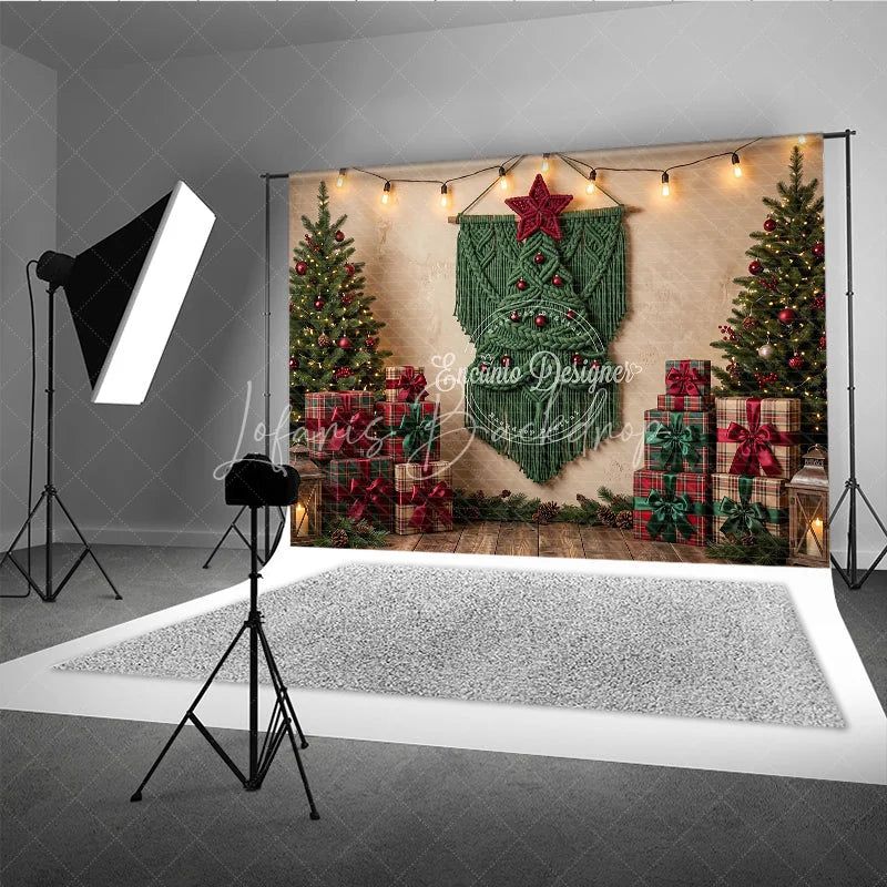 Lofaris Cozy Christmas Tree and Macrame Wall Hanging Holiday Backdrop Festive Gift Boxes String Lights Decor