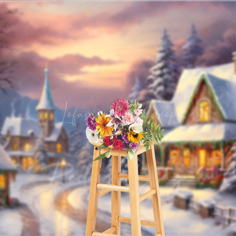 Lofaris Cozy Christmas Village Photography Backdrop Painterly Snow Scene at Sunset Holiday Cottage Photo Background