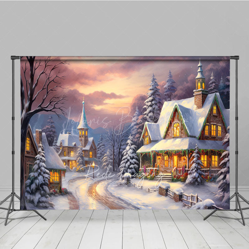 Lofaris Cozy Christmas Village Photography Backdrop Painterly Snow Scene at Sunset Holiday Cottage Photo Background