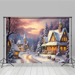 Lofaris Cozy Christmas Village Photography Backdrop Painterly Snow Scene at Sunset Holiday Cottage Photo Background