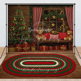 Lofaris Cozy Christmas Window Combo Set Backdrop Rustic Room with Teddy Bears Holiday Braided Rug Photo Floor