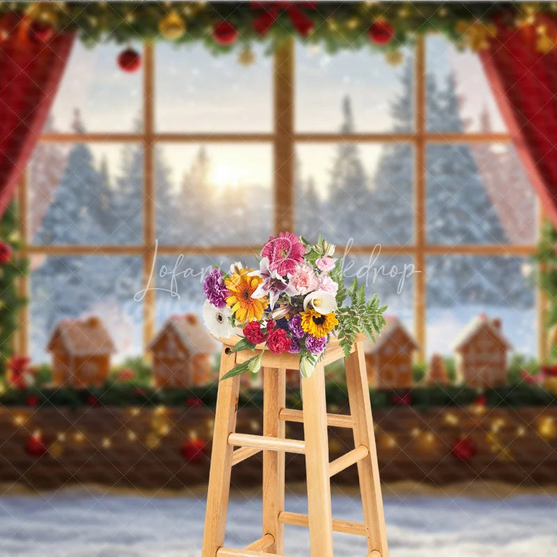 Lofaris Cozy Christmas Window Photography Backdrop Gingerbread Village on Windowsill Snowy Holiday Mini Session Background