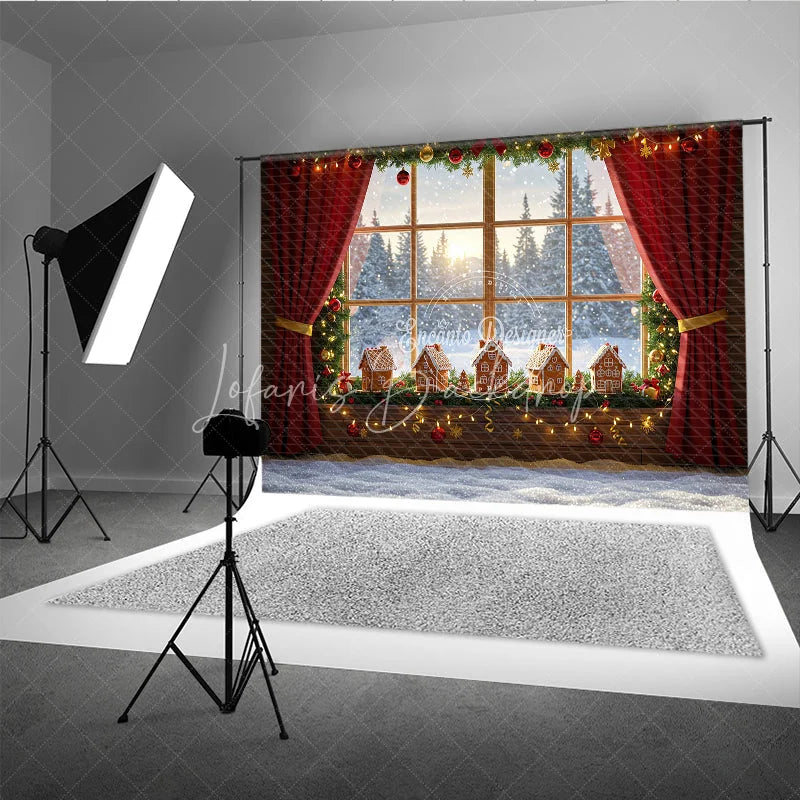 Lofaris Cozy Christmas Window Photography Backdrop Gingerbread Village on Windowsill Snowy Holiday Mini Session Background