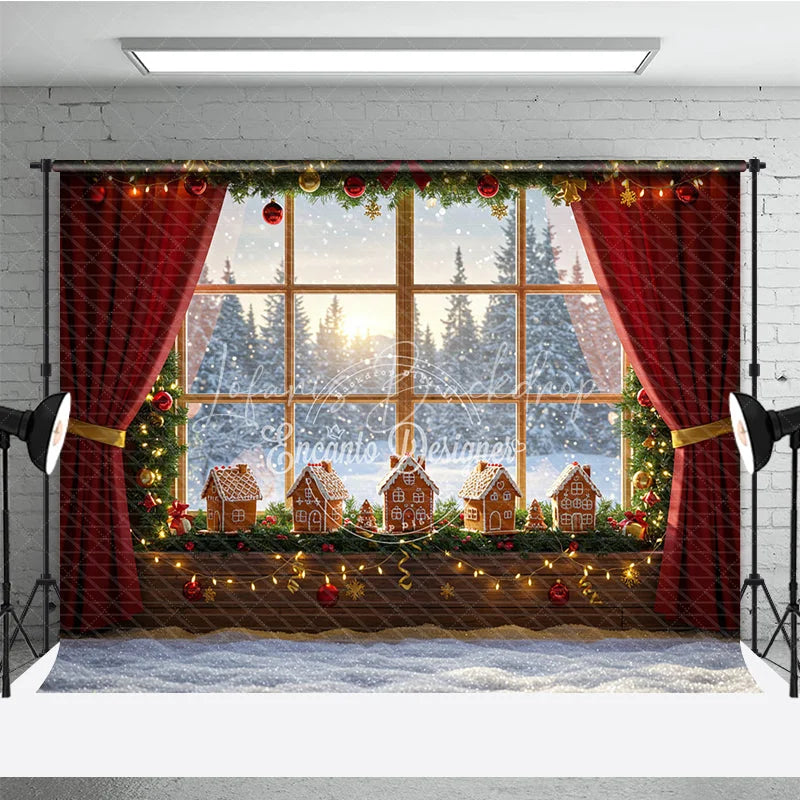 Lofaris Cozy Christmas Window Photography Backdrop Gingerbread Village on Windowsill Snowy Holiday Mini Session Background