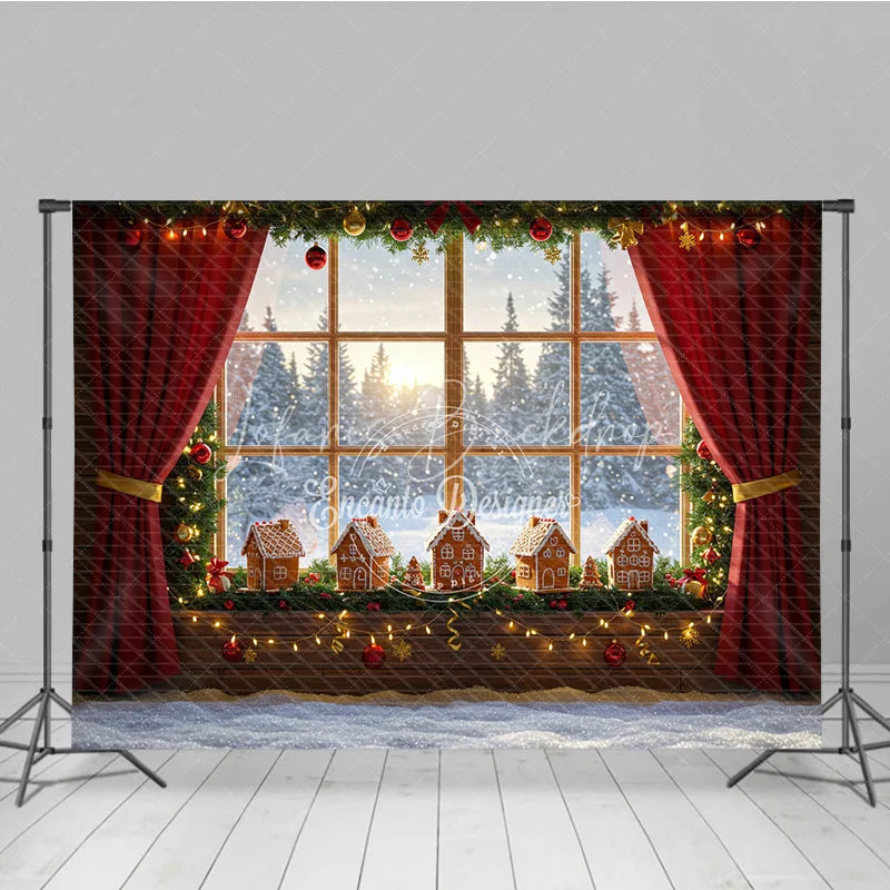 Lofaris Cozy Christmas Window Photography Backdrop Gingerbread Village on Windowsill Snowy Holiday Mini Session Background