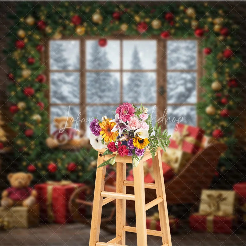 Lofaris Cozy Christmas Window Photography Backdrop Santa’s Sleigh with Teddy Bears Snowy Holiday Mini Session Background
