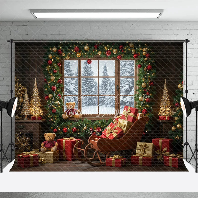 Lofaris Cozy Christmas Window Photography Backdrop Santa’s Sleigh with Teddy Bears Snowy Holiday Mini Session Background