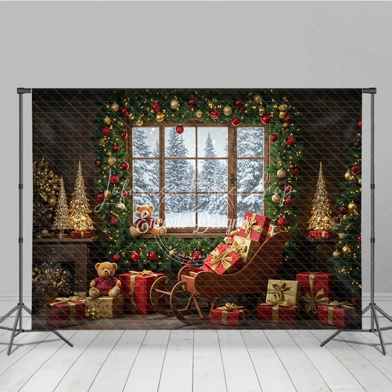 Lofaris Cozy Christmas Window Photography Backdrop Santa’s Sleigh with Teddy Bears Snowy Holiday Mini Session Background