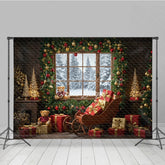 Lofaris Cozy Christmas Window Photography Backdrop Santa’s Sleigh with Teddy Bears Snowy Holiday Mini Session Background