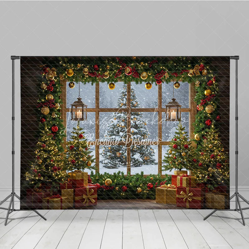 Lofaris Cozy Christmas Window Photography Backdrop Snowy View with Garland and Lanterns Rustic Holiday Photo Background