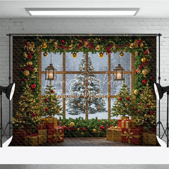 Lofaris Cozy Christmas Window Photography Backdrop Snowy View with Garland and Lanterns Rustic Holiday Photo Background