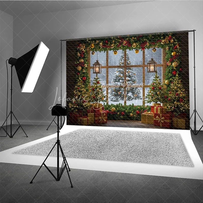 Lofaris Cozy Christmas Window Photography Backdrop Snowy View with Garland and Lanterns Rustic Holiday Photo Background