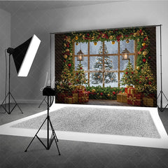 Lofaris Cozy Christmas Window Photography Backdrop Snowy View with Garland and Lanterns Rustic Holiday Photo Background